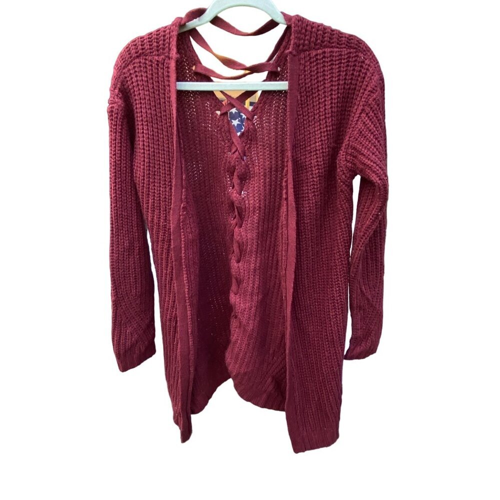 Pink Rose Womens Open Front Knit Cardigan With Lace-Up Back